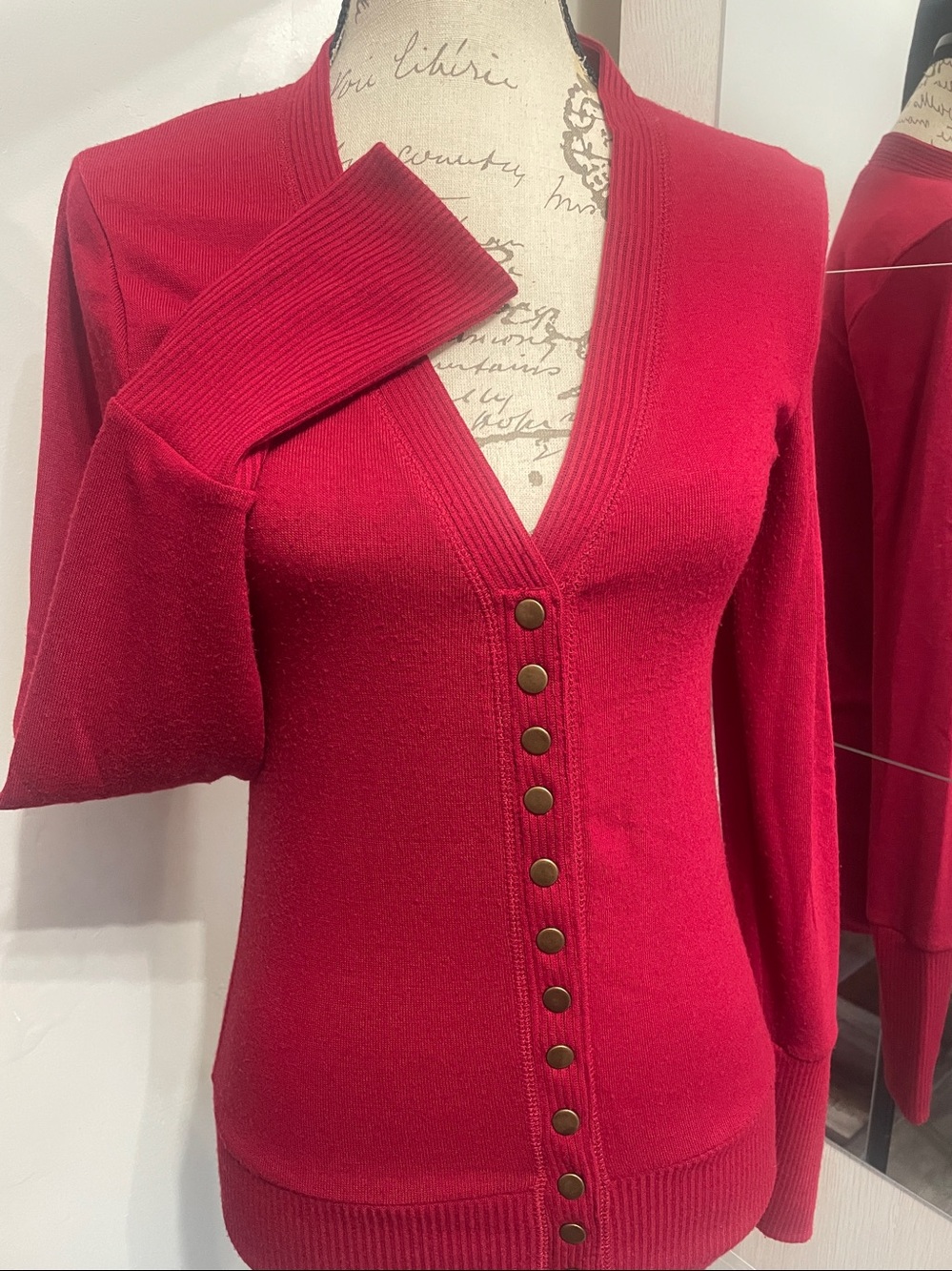 Red V-Neck Button-Front Women's cardigan